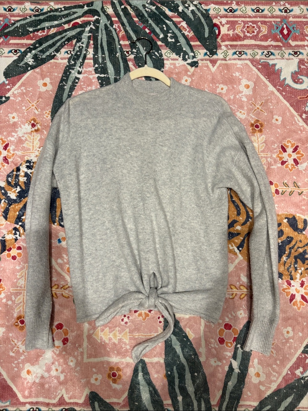 LOFT Light Gray Tie-Front Crewneck Sweater